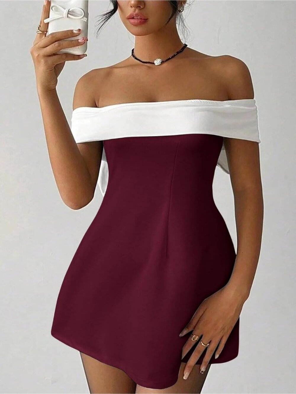 🆕Women's Red White Off Shoulder Neck Short Sleeve Bodycon Pull Over Mini Dress - Picture 6 of 6